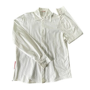 Prada LS Button Up Shirt Mens XL White Stripes Red Tab Rayon Spandex Blend Italy